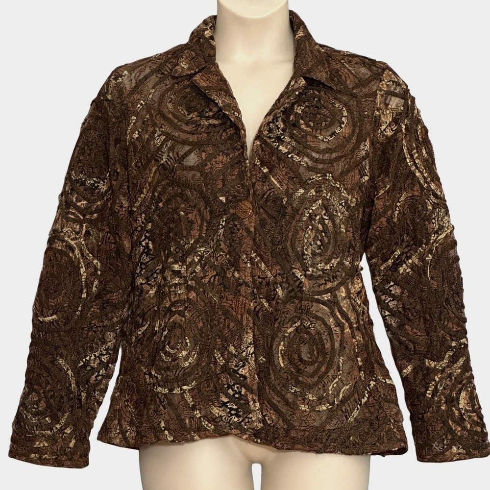 Parsley Sage Womens Jacket XL Brown Sheer Swirl Lace Textured Art to Wear Boho